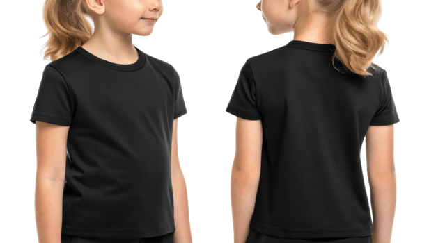 girl wearing plain black t shirt, showcasing both front and back views png