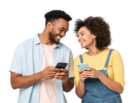 Happy couple using smartphones together, enjoying their time png
