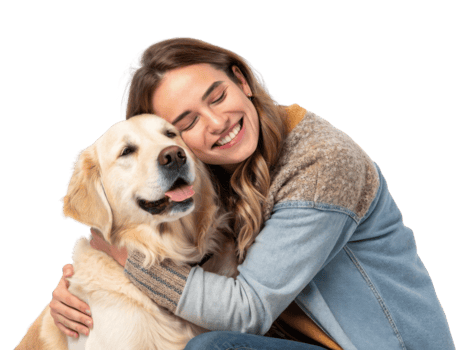 woman joyfully hugs golden retriever dog, showcasing loving bond png