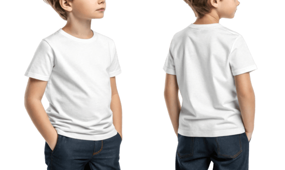 boy wearing plain white t shirt, standing with hands in pockets, showcasing front and back views png
