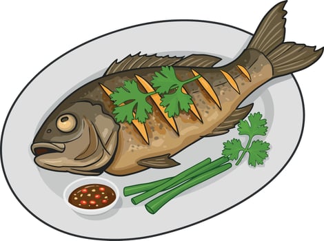 Grilled fish garnished with fresh herbs and sauce on a white plate in a minimal flat illustration vector