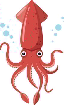A playful red squid with big eyes swimming in a blue ocean, showcasing a flat design style, perfect for art vector