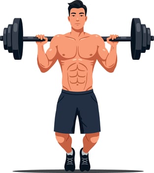 Strong man lifting heavy barbell in a flat design style showcasing athleticism and determination in art vector