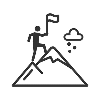 Stick figure a man climbs a mountain peak with a flag silhouette icon. vector