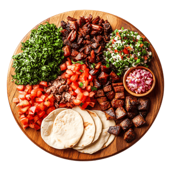 Colorful Mexican Food Display on Wooden Board with Fresh Ingredients png