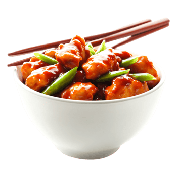 Delicious Asian Cuisine Chicken Dish with Spicy Sauce and Greens png