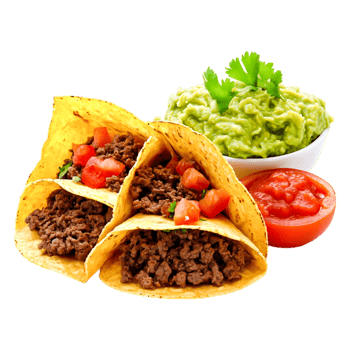 Tasty Beef Tacos with Fresh Guacamole and Salsa on png