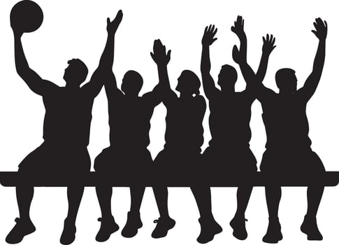 Players on the bench clapping and cheering for teammates on the court, full-length silhouette black illustration vector
