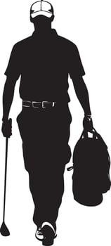A caddie walks beside a golfer, carrying a golf bag and assisting with club selection, full-length black illustration. vector