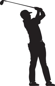 A golfer mid-swing, club angled forward, striking the ball with precision on the fairway. vector