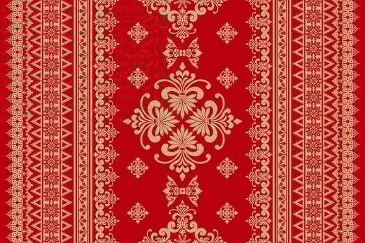 Seamless gold floral damask tracery shape with geometric ethnic tradition pattern texture for fabric and textile on red and grey background vector