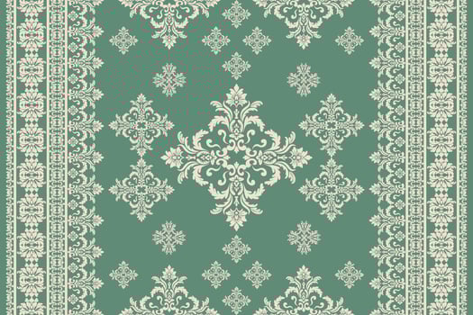 Seamless gold and yellow floral damask tracery shape with geometric ethnic tradition pattern texture for fabric and textile on pastel green background vector