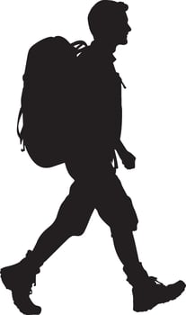 A person walking with a backpack, one foot forward as they trek along a trail. vector