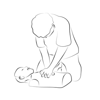 man performing CPR Cardiopulmonary resuscitation on mannequin illustration hand drawn with black lines isolated on white background. vector
