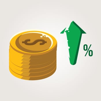 Stack of gold coins with a green arrow and percent sign. vector