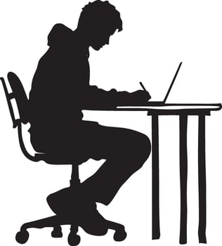 A student seated at a desk, taking notes in a notebook or on a laptop. vector