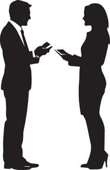 Two professionals exchanging business cards and talking at a networking event. vector