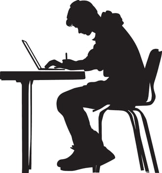 A student seated at a desk, writing notes in a notebook or on a laptop. vector