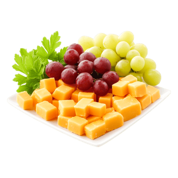 Fresh Cheese Cubes and Juicy Grapes on White Plate with Herbs png