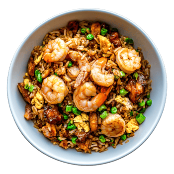 Colorful Shrimp Fried Rice with Vegetables in White Bowl png