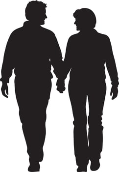 A senior woman holding hands with her spouse, walking together in a full-length black silhouette. vector