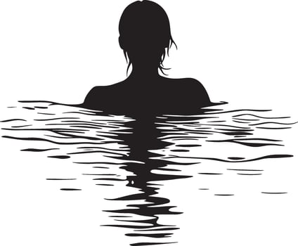 A senior woman gently treading water or swimming, shown in a full-length black silhouette illustration. vector