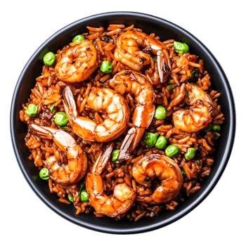 Delicious Shrimp Fried Rice with Green Peas in Black Bowl png