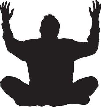A senior man in a deep breathing pose, arms raised, seated or standing, captured in a full-length silhouette. vector