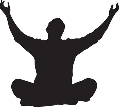 A senior man sitting or standing with deep, slow breaths, arms raised, depicted in a full-length black silhouette. vector