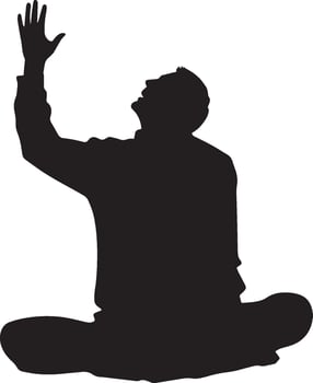 Elderly man sitting or standing, taking deep breaths with arms lifted, portrayed in a full-length black silhouette. vector