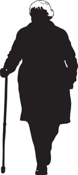 A senior woman using a cane while walking, head slightly bent forward, captured in a full-length silhouette. vector