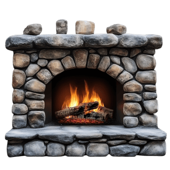 Rustic Stone Fireplace with Flames on transparent background. png