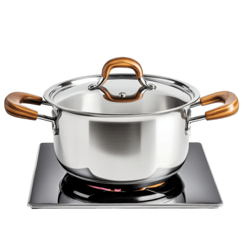Elegant Wooden Handle Stainless Steel Pot on transparent background. png