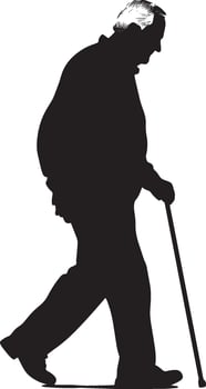 Elderly man using a cane to walk, head slightly inclined forward, portrayed in a full-length black silhouette. vector