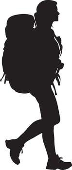 A woman walking with a large backpack, focused on the path ahead, portrayed in a full-length black silhouette. vector