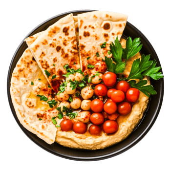 Fresh Hummus with Cherry Tomatoes and Flatbread on Black Plate png