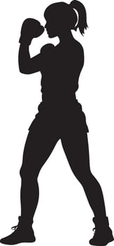 A woman in a defensive stance, fists up, captured in a full-length silhouette. vector