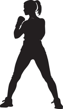 A woman with her fists raised, prepared for a fight, portrayed in a full-length black silhouette. vector