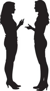 Two women standing close together, gesturing while talking, depicted in a full-length black silhouette. vector