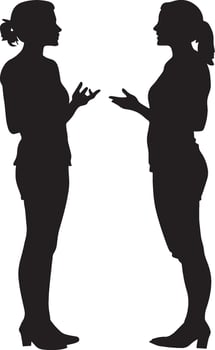 wo women conversing, gesturing while talking, portrayed in a full-length black silhouette. vector
