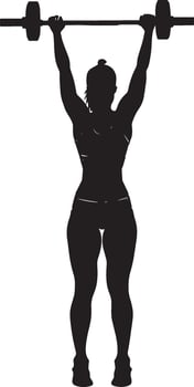A woman lifting weights, barbell or dumbbells raised, captured in a full-length silhouette. vector