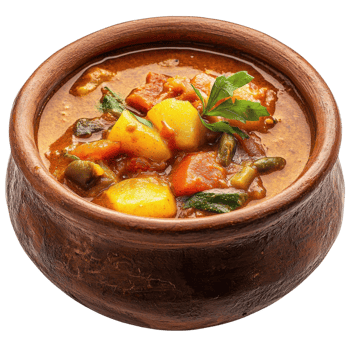 Sambar Stew Clay Bowl White Back on transparent background. png