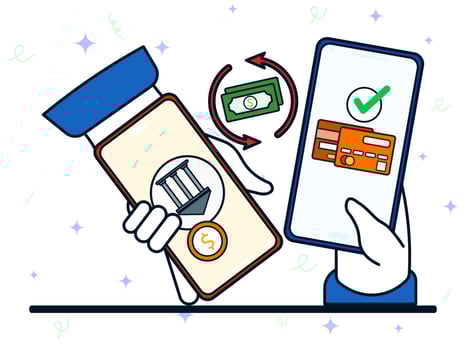 Digital transaction concept. Person's hand holds smartphone with money being transferred on the screen. Mobile banking, money exchange, payment, digital, online, commerce. vector
