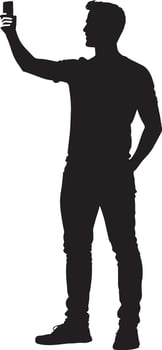 A black illustration of a person capturing a selfie. vector