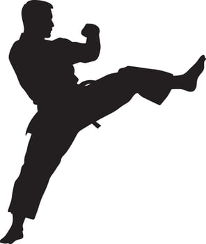 A black image of a man executing a powerful kick. vector