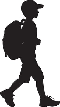 A black image of a child walking with a backpack, prepared for an adventure. vector