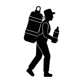 Active person trekking with a large water bottle fastened in silhouette vector