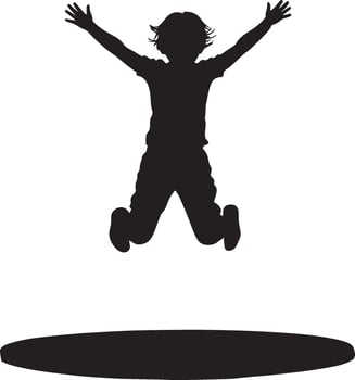 Child in Mid-Jump on Trampoline Silhouette A black image of a child with arms outstretched, jumping on a trampoline. vector