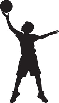 Child Making a Basketball Shot Silhouette Full-length silhouette of a kid with arms outstretched, ball leaving their hands. vector