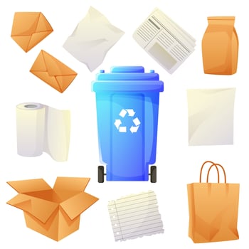 Paper products around a blue trash can, sorting paper waste, waste paper. Recycling cardboard boxes, paper bags, newspapers, kraft packaging. Ecology, saving the planet, zero waste, recycling. vector
